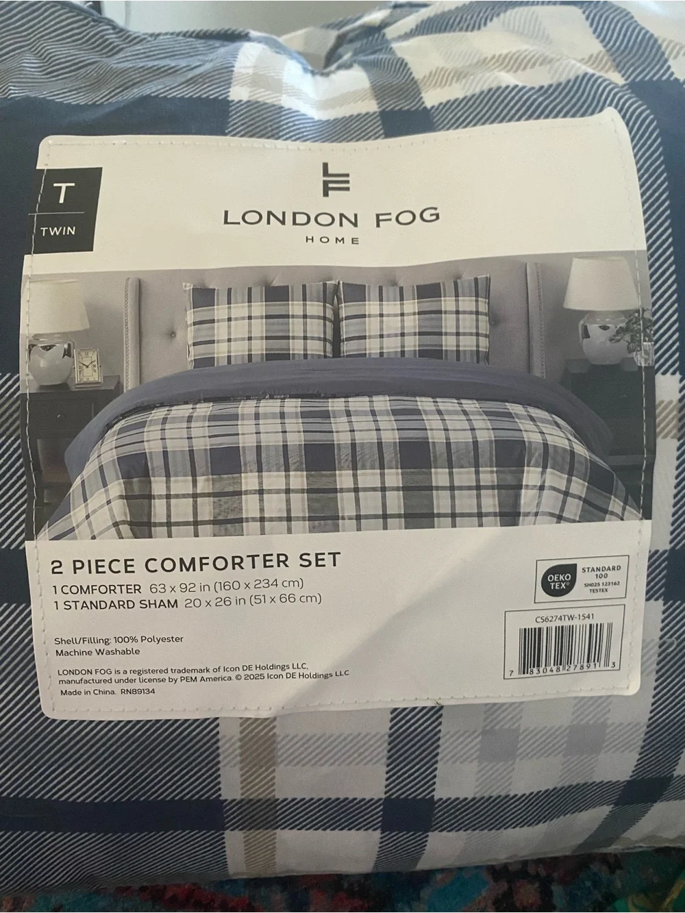 London Fog Plaid Twin Comforter Set in Blue and Cream